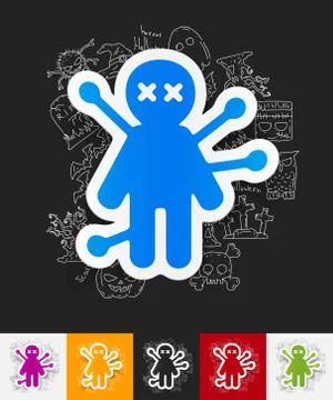 Voodoo Doll paper sticker with hand drawn elements Stock Illustration