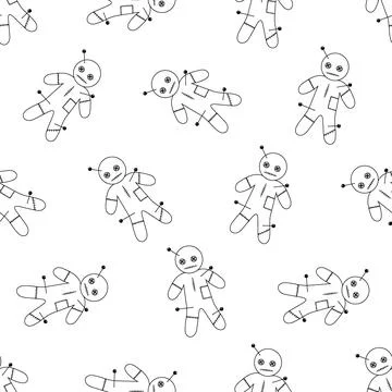 A voodoo doll seamless pattern line. Scary mystical doll for human control. Stock Illustration