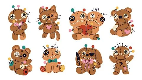 Voodoo dolls. Patchwork scary toys, stitch punk style, halloween raggedy bears Stock Illustration