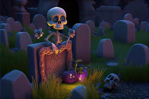 Voodoo Skeleton Sitting in the Graveyard Stock Illustration