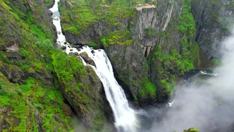 Vøringfossen highest waterfall iconic scenery Norway look down aerial view HDR Stock Footage 209624906