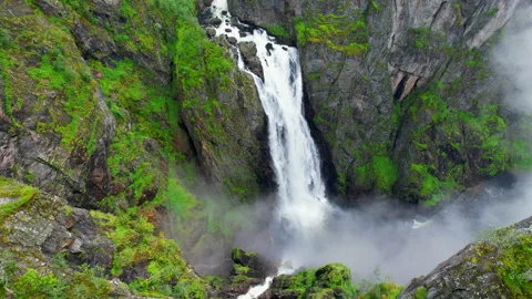 Vøringfossen highest waterfall iconic scenery Norway look up aerial view HDR Stock Footage 209656397