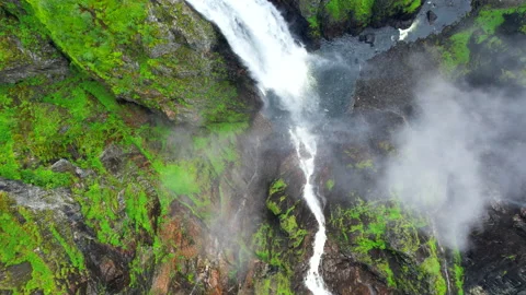 Vøringfossen highest waterfall iconic scenery Norway aerial birds eye view HDR Stock Footage 209671301