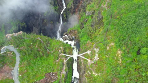 Vøringfossen highest waterfall iconic scenery from Norway bridge HDR Stock Footage 209950561