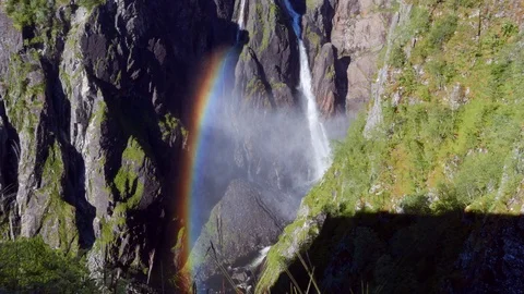 Vøringsfossen waterfall with rainbow timelapse Stock Footage 88557166