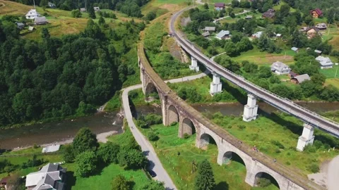 Vorokhta, Ukraine - June 2021: Old railway bridge, old viaduct Vorohta, Ukraine. Stock Footage 204917341