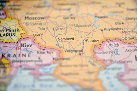 Voronezh Russia Framed as a Sharp Point over Blurred World Map  Dynamic Loc.. Stock Photos