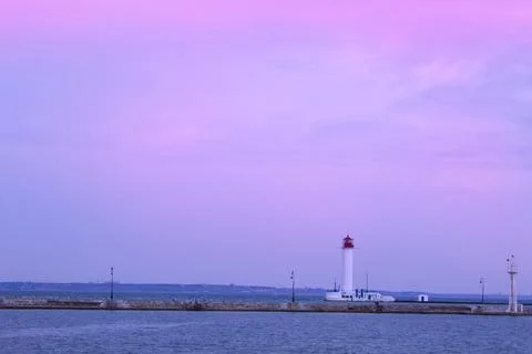 Vorontsov lighthouse in Odessa against the background of the Black Sea Stock Photos