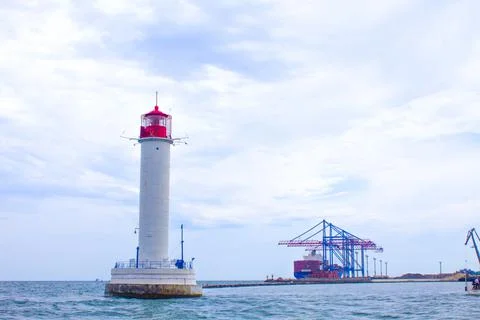Vorontsov lighthouse in Odessa against the background of the Black Sea Stock Photos