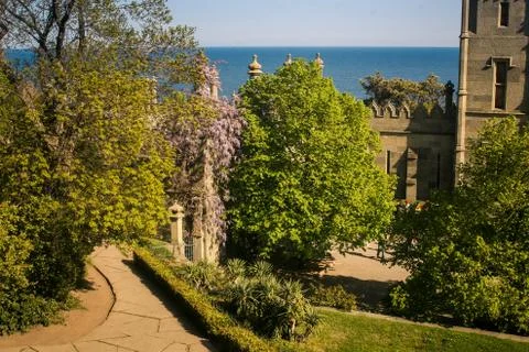 Vorontsov Palace Park Path along Facade Crimea Stock Photos