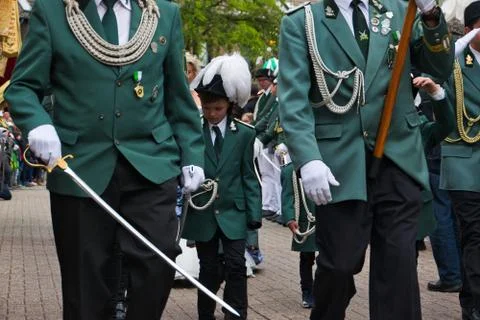 Vorst, Germany May 5th 2019: Uniformed people at a traditional german folk fe Stock Photos