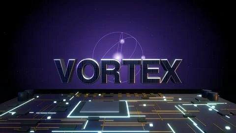 VORTEX 3D Text with an Atomic Orbit on a Circuit Board Stock Illustration