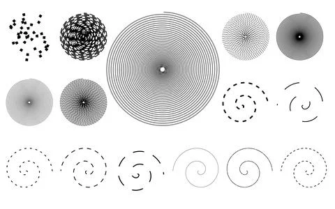 Vortex and spiral line collection, circular dashed path set, abstract movem.. Stock-Illustration