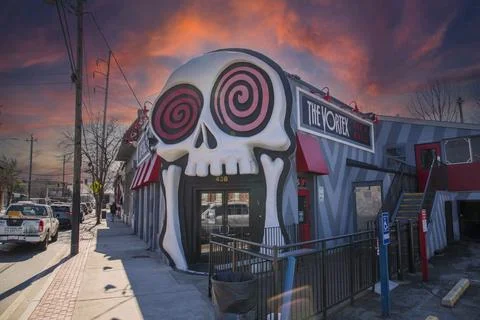 The Vortex Bar and Grill with a skull over the top of the door in Atlanta Stock Photos