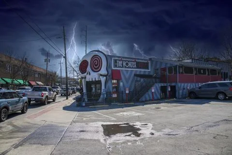 The Vortex Bar and Grill with a skull over the top of the door in Atlanta Stock Photos