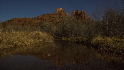 Vortex: Cathedral Rock at Night with Trees and Water, Wide Stock Footage 70766370