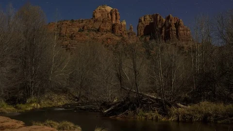 Vortex: Cathedral Rock at Night with Trees and Water Stock Footage 71227476