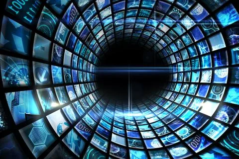 Vortex of digital screens in blue Stock-Fotos