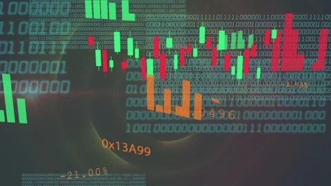 Vortex opening sending binary grids, candles shifting and orange bars growing, Stock Footage 335480905