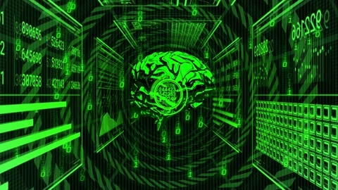 Vortex revealing neon-green brain rotating and pulsing while HUD updating Stock Footage 328234003