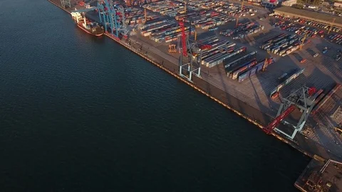 Vostochny Port intermodal container idustrial terminal Bridge cranes ship Aerial Stock Footage 75933404