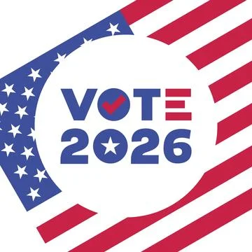 Vote 2026 Checkmark Badge with Torn Flag Circle Frame White Background Stock Illustration