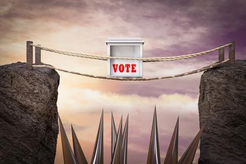 Vote box on a bridge demonstrating voting issue for difficulty casting votes Illustrazione stock