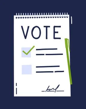 Vote document Bulletin concept. Cute cartoon list, choice of options and pen. Illustrazione stock