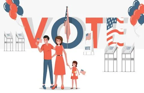 Vote flat vector banner design. Happy smiling family, voting on elections in the Stock Illustration