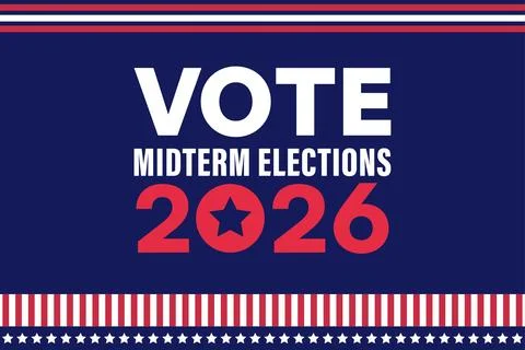 Vote Midterm Elections 2026 Typography with Patriotic Stripe Border on Blue.. Ilustração Stock