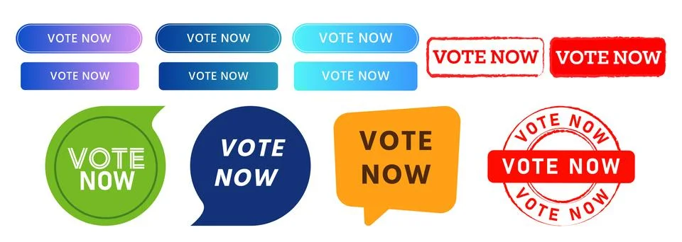 Vote now rectangle circle speech bubble stamp and button web for voting Stock Illustration