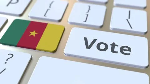VOTE text and flag of Cameroon on the buttons on the computer keyboard. Election Stock Illustration