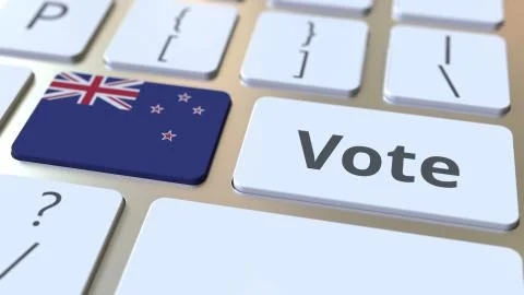 VOTE text and flag of New Zealand on the buttons on the computer keyboard Stock Illustration