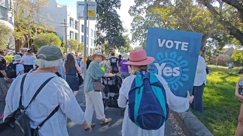 VOTE YES CROWDS MARCH IN SUPPORT OF REFERENDUM YES VOTE NSW 4K Stock Footage 250446128