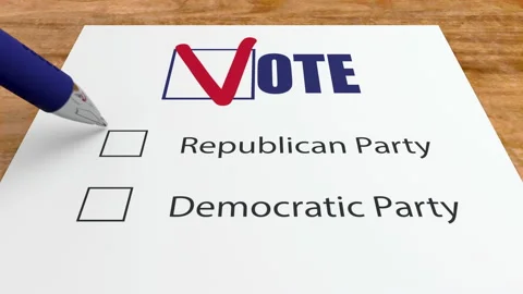 Voter in the voting booth marks bulletin and votes for republicans party Stock Footage 139487330