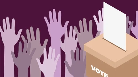 Voting box with ballot insertion and raised hands background Video stock 311848160