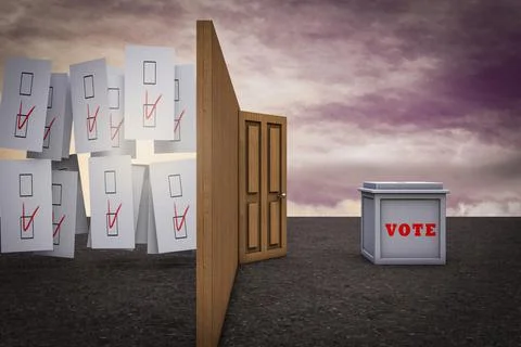 Voting box ready to get into a door with votes demonstrating Searching for vo Stock Illustration