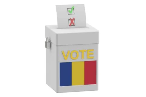 Voting concept. Ballot box with flag of Romania, 3D rendering Illustrazione stock