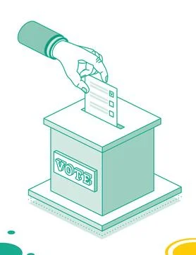 Voting concept. Hand puts vote bulletin into vote box. Isometric election c.. Stock Illustration