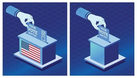 Voting Concept. Hand Puts Vote Bulletin into Vote Box with USA flag. Isomet.. Stock Illustration