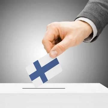 Voting concept - Male inserting flag into ballot box - Finland 스톡 사진