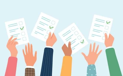 Voting concept. People s hands holding vote ballots. Illustrazione stock