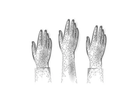 Voting hands raising to sky. 3D polygonal vote online. Election day volunteer Stock-Illustration