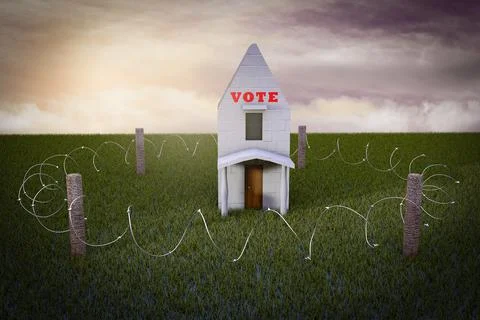 Voting house surrounded by barbed wire demonstrating voting issue. 3D illustr Stock Illustration