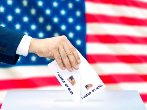 Voting by Mail in Front of American Flag Stock Photos