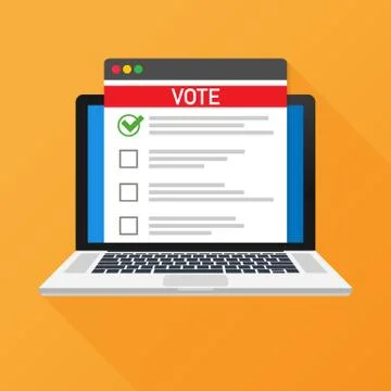 Voting online concept. Voting ballot box on a laptop screen. Flat vector illu Ilustração Stock