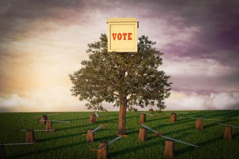 Voting tree surrounded by saws and cut down trees demonstrating voting issue. Stock Illustration