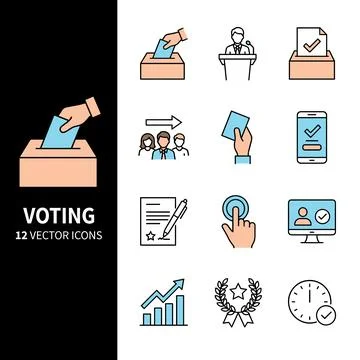 Voting vector icons set showing ballot box, hand casting vote, people, smar.. Stock Illustration