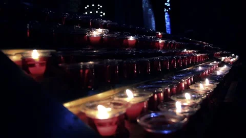 Votive Candlelight Inside Notre Dame, Paris, Pre-Fire Interior Scene, Close Up Stock Footage 99316042