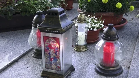 Votive lantern on the tomb. Video stock 79485450